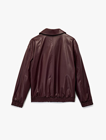 Klasik Yaka Cepli Fermuarlı Suni Deri Oversize Bomber Ceket