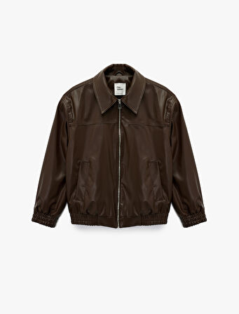 Klasik Yaka Cepli Fermuarlı Suni Deri Oversize Bomber Ceket