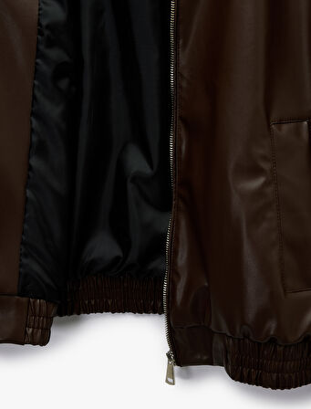 Klasik Yaka Cepli Fermuarlı Suni Deri Oversize Bomber Ceket