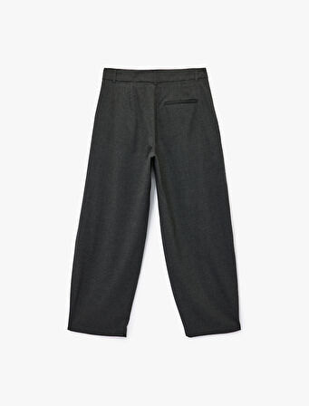 Düğme Detaylı Asimetrik Kesim Cepli Viskon Kumaş Geniş Paça Kumaş Pantolon