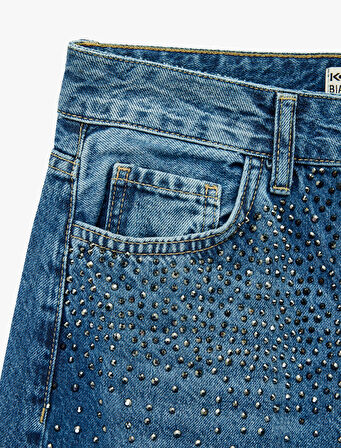 Cepli Geniş Düz Paça Taş Detaylı Jean Pantolon - Wide Leg Jeans