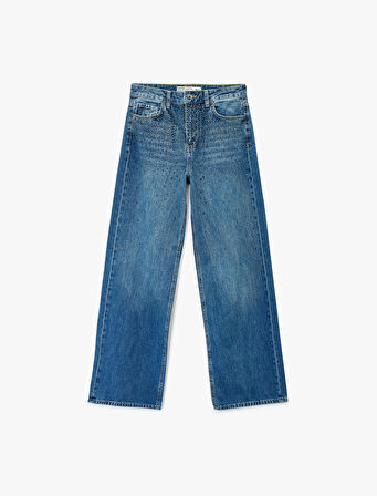 Cepli Geniş Düz Paça Taş Detaylı Jean Pantolon - Wide Leg Jeans