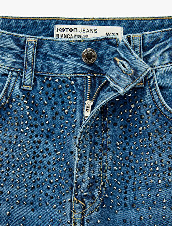 Cepli Geniş Düz Paça Taş Detaylı Jean Pantolon - Wide Leg Jeans