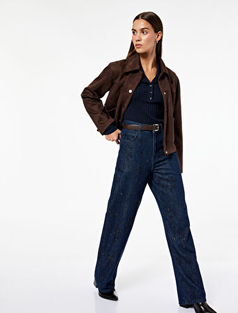Pamuklu Rahat Kalıp Düz Paça Taşlı Jean Pantolon - Loose Straight Fit Jean