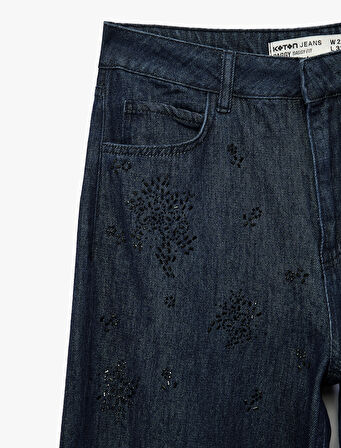 Pamuklu Rahat Kalıp Düz Paça Taşlı Jean Pantolon - Loose Straight Fit Jean