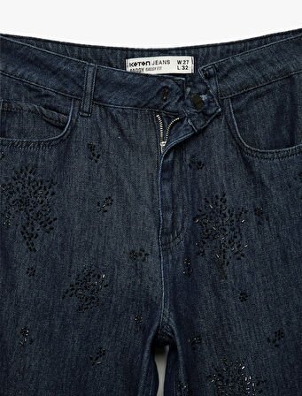 Pamuklu Rahat Kalıp Düz Paça Taşlı Jean Pantolon - Loose Straight Fit Jean