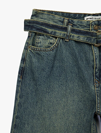 Pamuklu Normal Bel Kemerli Uzun Bol Paça Jean Pantolon - Loose Straight Fit Jean