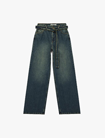 Pamuklu Normal Bel Kemerli Uzun Bol Paça Jean Pantolon - Loose Straight Fit Jean