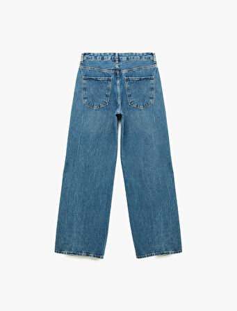 Normal Bel Pamuklu Düğmeli Cepli Geniş Paça Jean Pantolon - Wide Leg Jeans