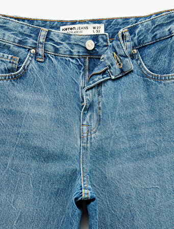 Normal Bel Pamuklu Düğmeli Cepli Geniş Paça Jean Pantolon - Wide Leg Jeans