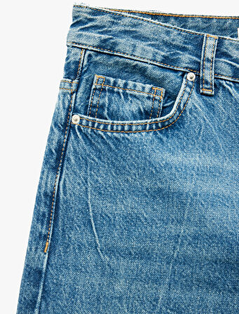 Normal Bel Pamuklu Düğmeli Cepli Geniş Paça Jean Pantolon - Wide Leg Jeans