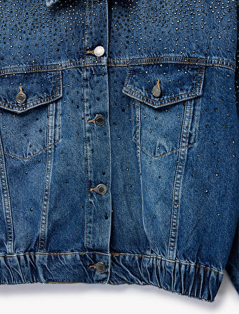 Uzun Kollu Klasik Yaka Düğmeli Cepli Taş Detaylı Denim Ceket