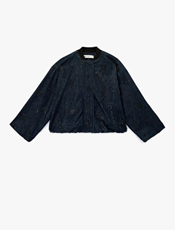 Çıtçıt Düğmeli Taş Detaylı Uzun Kollu Dik Yaka Denim Ceket