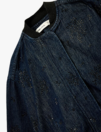 Çıtçıt Düğmeli Taş Detaylı Uzun Kollu Dik Yaka Denim Ceket