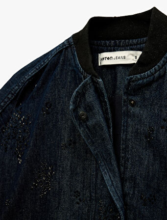Çıtçıt Düğmeli Taş Detaylı Uzun Kollu Dik Yaka Denim Ceket