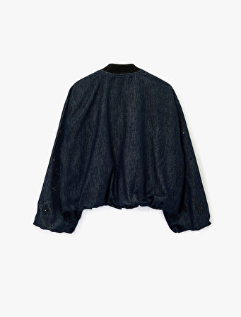 Çıtçıt Düğmeli Taş Detaylı Uzun Kollu Dik Yaka Denim Ceket