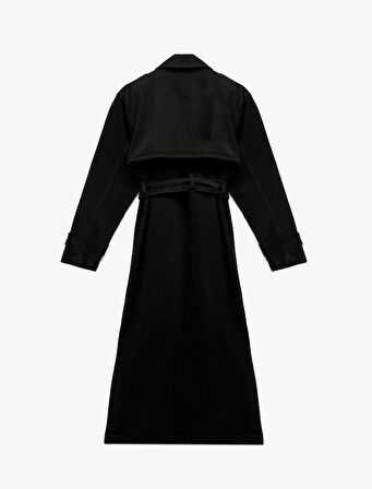 Uzun Kollu Kruvaze Yaka Kemer Detaylı Uzun Denim Trençkot