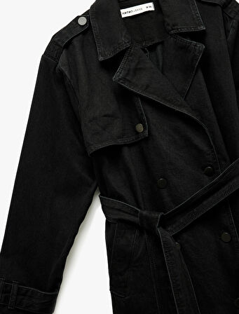 Uzun Kollu Kruvaze Yaka Kemer Detaylı Uzun Denim Trençkot
