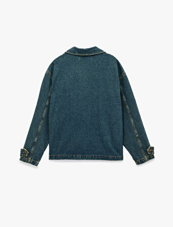 Pamuklu Uzun Kollu Dik Yaka Cep Detaylı Düğmeli Denim Ceket