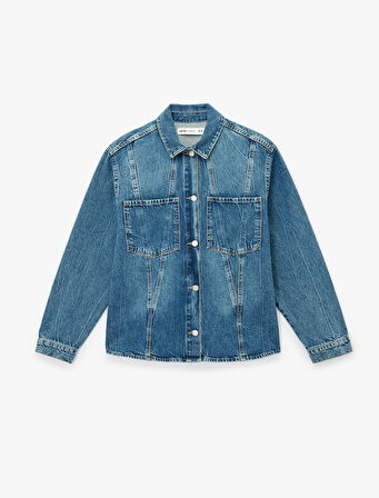 Uzun Kollu Klasik Yaka Pamuklu Cep Detaylı Denim Gömlek