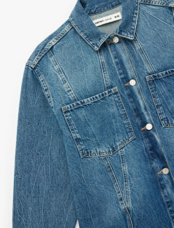 Uzun Kollu Klasik Yaka Pamuklu Cep Detaylı Denim Gömlek