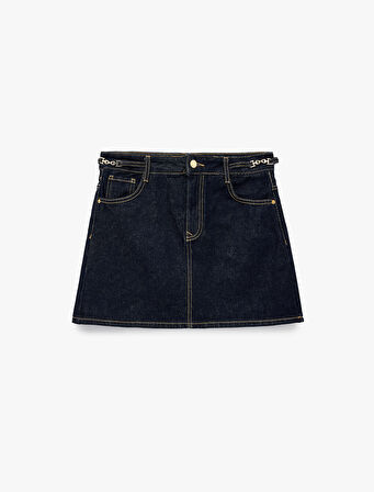 Kemer Detaylı A Kesim Mini Denim Etek