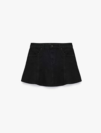 Düğmeli Mini A Kesim Volanlı Denim Etek