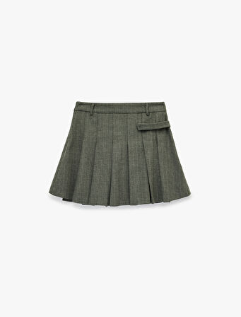 Metal Aksesuar Detaylı Pileli A Kesim Mini Etek