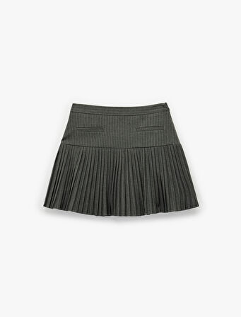 Viskon Karışımlı Cep Detaylı Çizgili Pileli Mini Etek