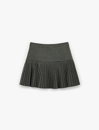 Viskon Karışımlı Cep Detaylı Çizgili Pileli Mini Etek