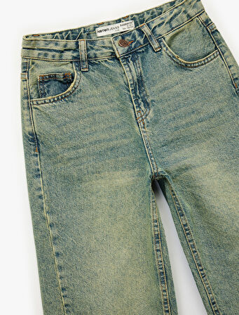 Pamuklu Cepli Rahat Kalıp Yıkamalı Denim Pantolon -  Wide Leg Jeans