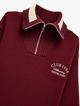 Uzun Kollu Nakışlı Renk Kontrastlı Oversize Yarım Fermuarlı Sweatshirt