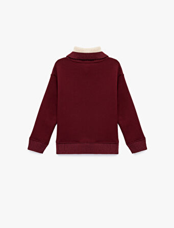 Uzun Kollu Nakışlı Renk Kontrastlı Oversize Yarım Fermuarlı Sweatshirt