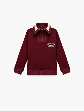 Uzun Kollu Nakışlı Renk Kontrastlı Oversize Yarım Fermuarlı Sweatshirt