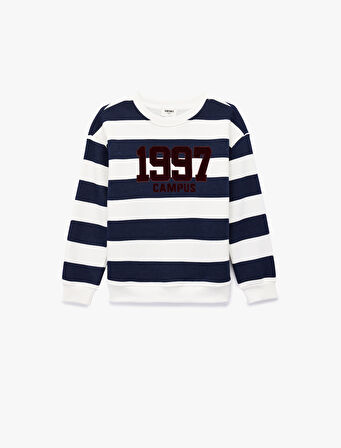 Baskılı Uzun Kollu Bisiklet Yaka Çizgili Sweatshirt