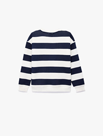 Baskılı Uzun Kollu Bisiklet Yaka Çizgili Sweatshirt