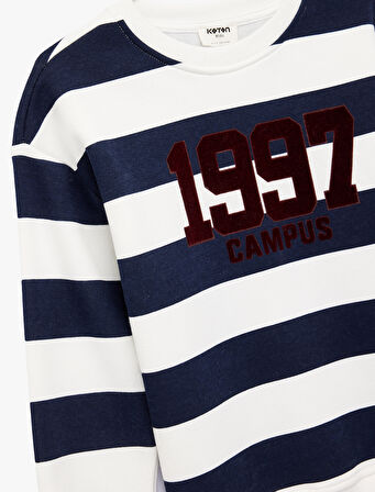 Baskılı Uzun Kollu Bisiklet Yaka Çizgili Sweatshirt