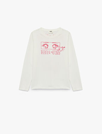 Pamuklu Bisiklet Yaka Anime Baskılı Uzun Kollu Tişört