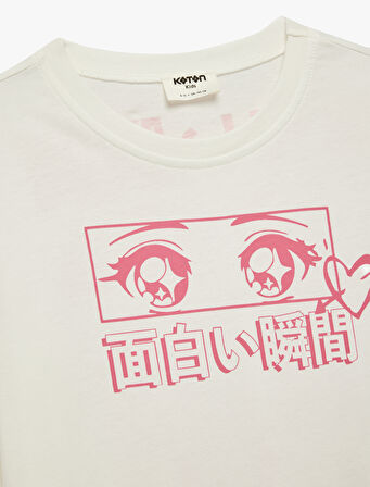 Pamuklu Bisiklet Yaka Anime Baskılı Uzun Kollu Tişört