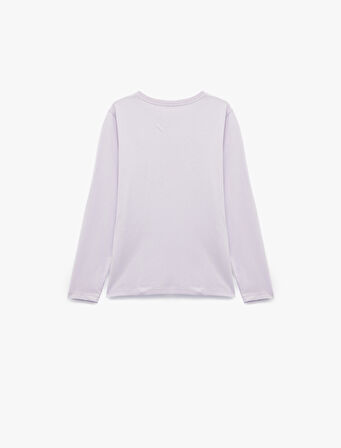 Uzun Kollu Bisiklet Yaka Ayıcık Baskılı Pamuklu Tişört