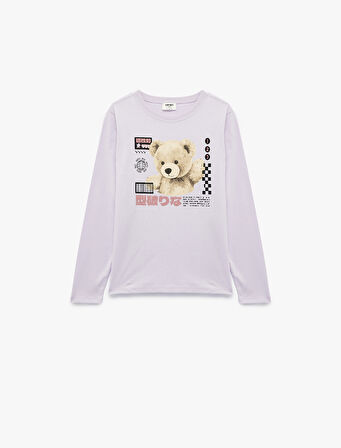 Uzun Kollu Bisiklet Yaka Ayıcık Baskılı Pamuklu Tişört