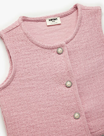 Düğmeli Bisiklet Yaka Crop Tüvit Yelek