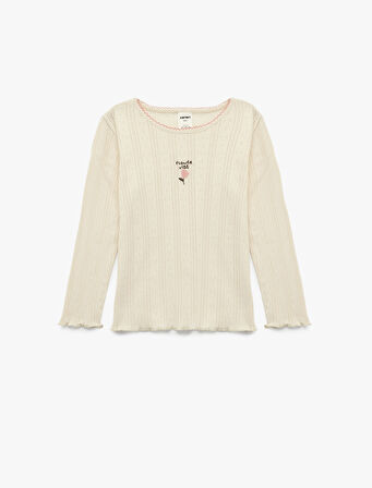 Pamuklu Bisiklet Yaka Nakış Detaylı Uzun Kollu Tişört