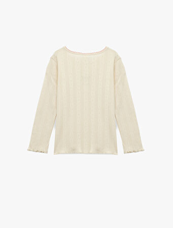 Pamuklu Bisiklet Yaka Nakış Detaylı Uzun Kollu Tişört