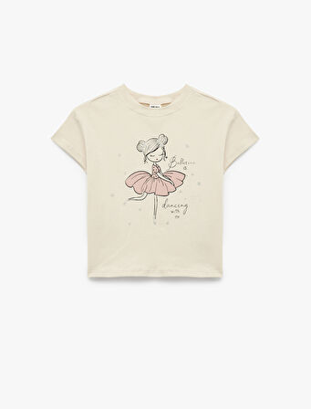 Kısa Kollu Bisiklet Yaka Pamuklu Balerin Baskılı Tişört