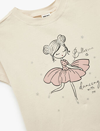 Kısa Kollu Bisiklet Yaka Pamuklu Balerin Baskılı Tişört