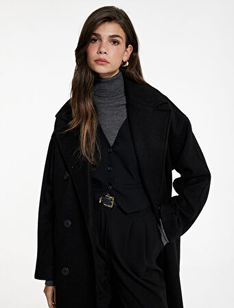 Uzun Kollu Cepli Kruvaze Kemerli Düğmeli Uzun Kaşe Kaban