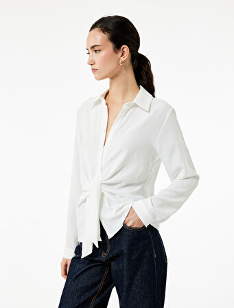 Aerobin Kumaş Önden Bağlama Detaylı Klasik Yaka Uzun Kollu Gömlek