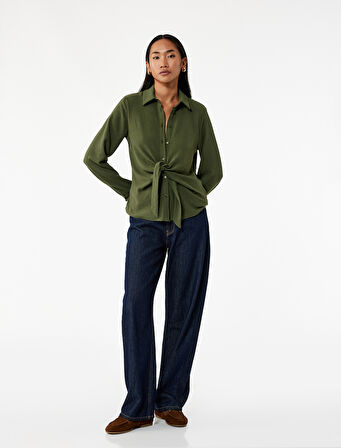 Aerobin Kumaş Önden Bağlama Detaylı Klasik Yaka Uzun Kollu Gömlek