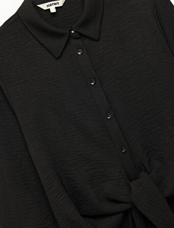 Aerobin Kumaş Önden Bağlama Detaylı Klasik Yaka Uzun Kollu Gömlek